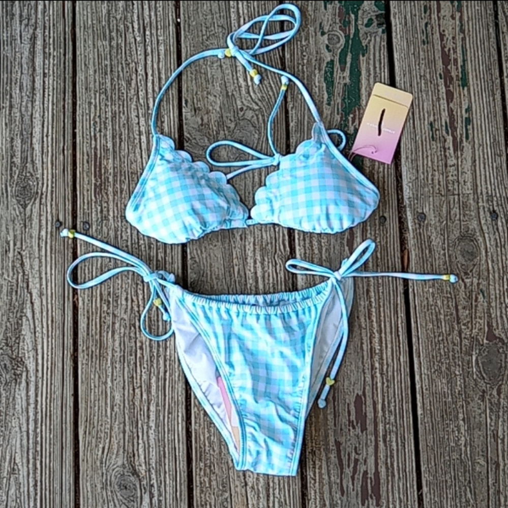 Gangnam plaid scallop top bikini beaded strings
